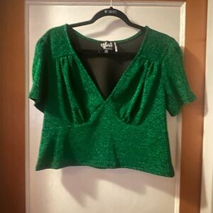 Hell Bunny + Emerald Green Lurex Flutter Sleeve Cropped Blouse